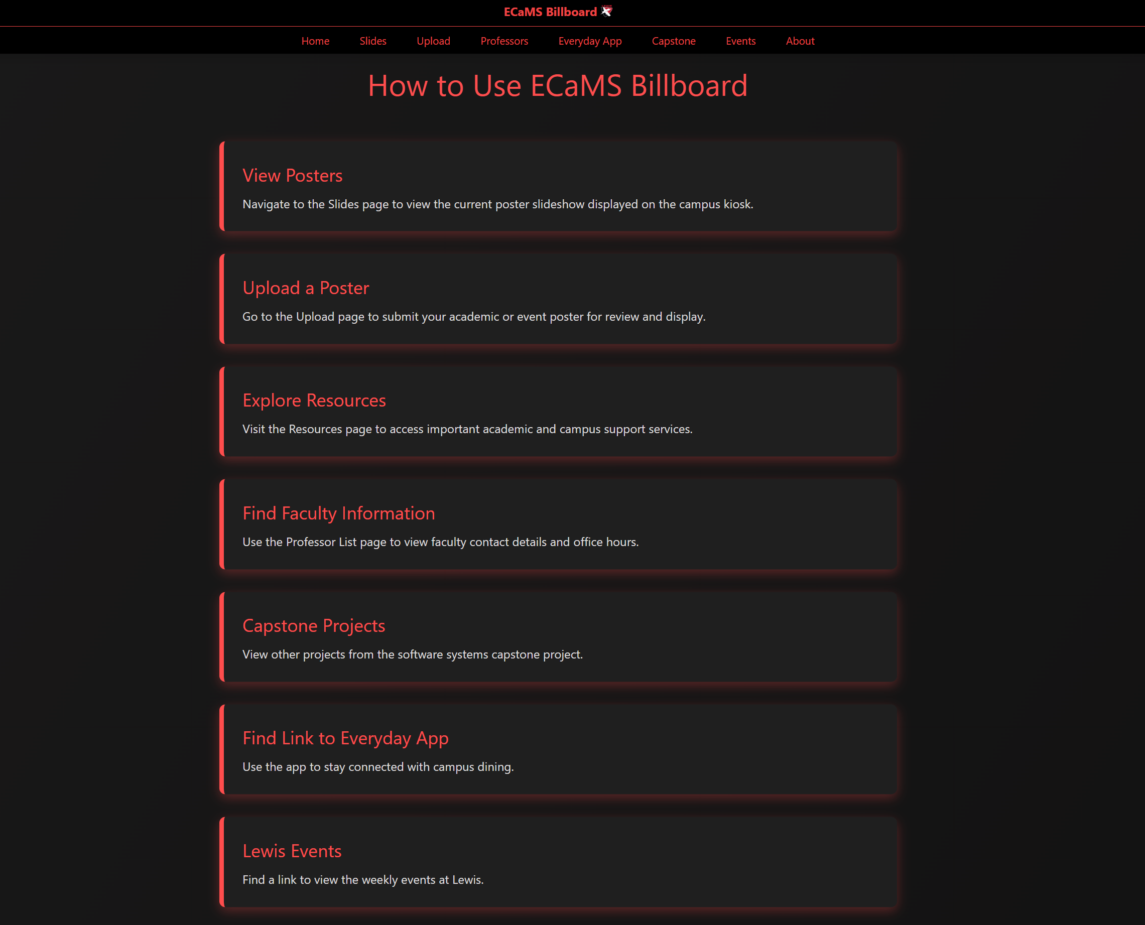 Screenshot of the 'How to Use ECaMS Billboard' webpage with a black background and red highlight borders. The page includes instructions for viewing posters, uploading posters, exploring resources, finding faculty information, accessing capstone projects, linking to the everyday app, and viewing Lewis events.