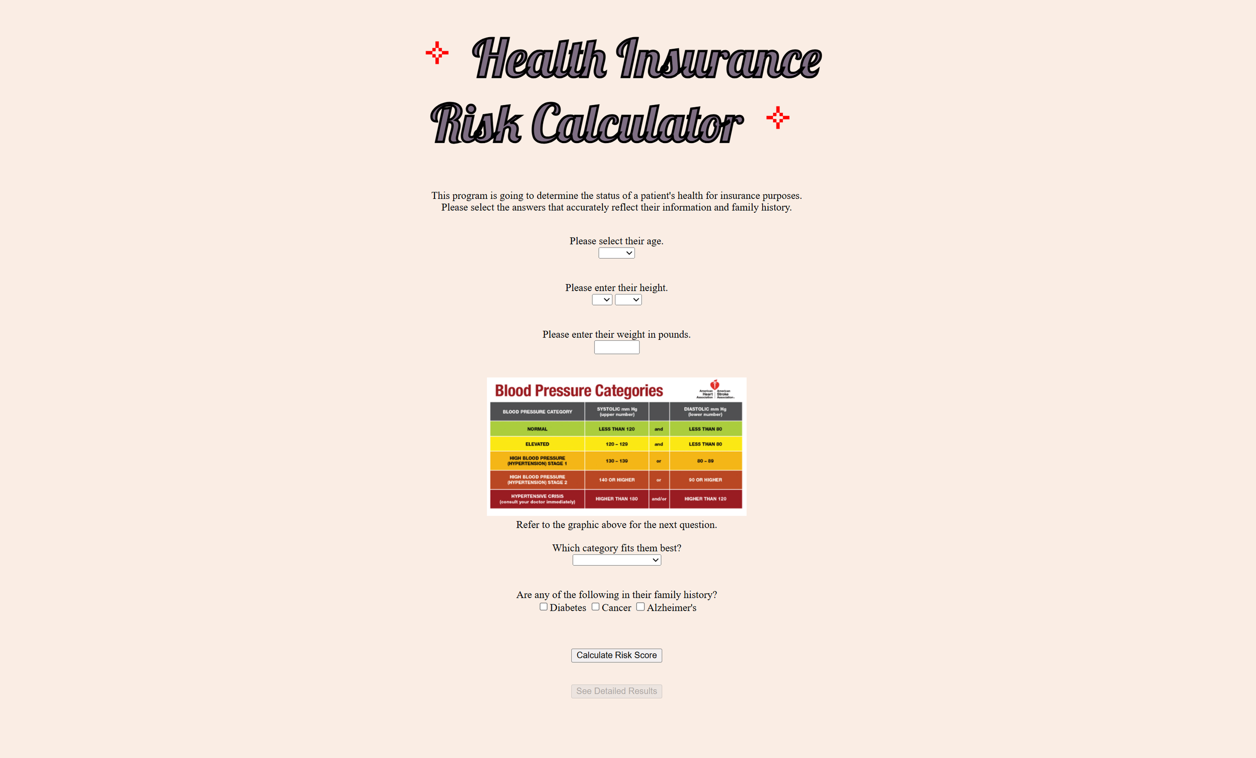 Screenshot of a Health Insurance Risk Calculator webpage with a title, instructions, dropdowns for age and height, a text box for weight, a blood pressure categories chart, and options for family history.