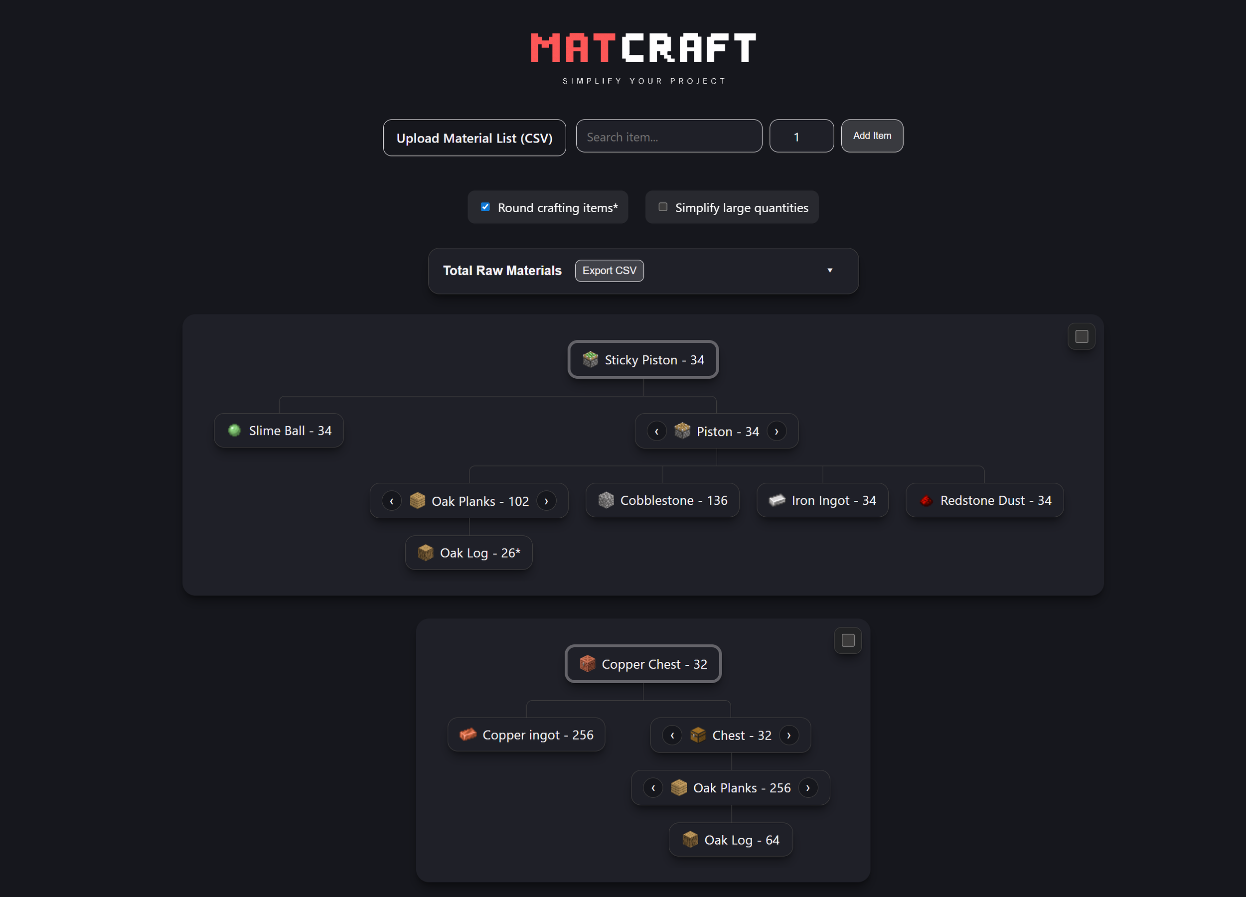 Screenshot of the MATCRAFT website showing a material list with items like Sticky Piston, Slime Ball, Oak Planks, Cobblestone, Iron Ingot, Redstone Dust, Copper Chest, Copper Ingot, Chest, Oak Log, with quantities for each.