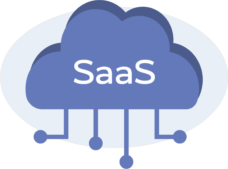 Illustration of a cloud labeled 'SaaS' with lines connecting to small circles beneath it, representing cloud computing services.
