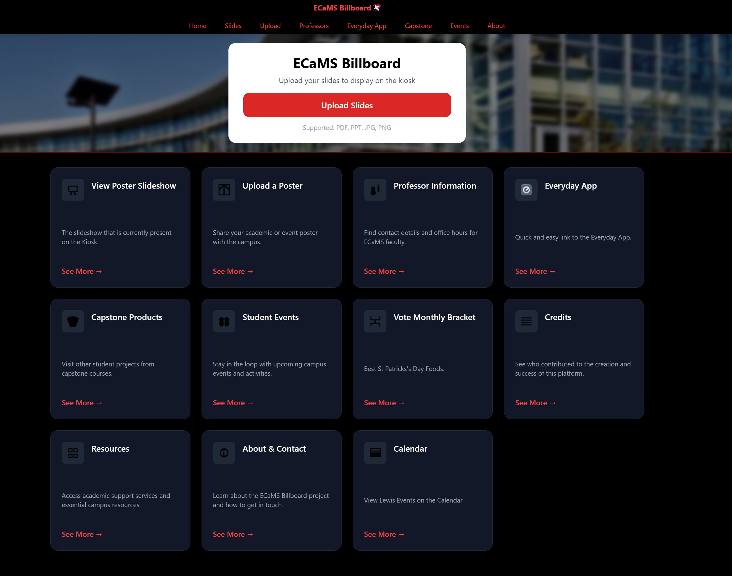 Screenshot of the ECaMS Billboard webpage featuring options to upload slides, view posters, learn about professors, access resources, and see campus events. The interface has a dark theme with sections for presentations, student activities, and campus information.