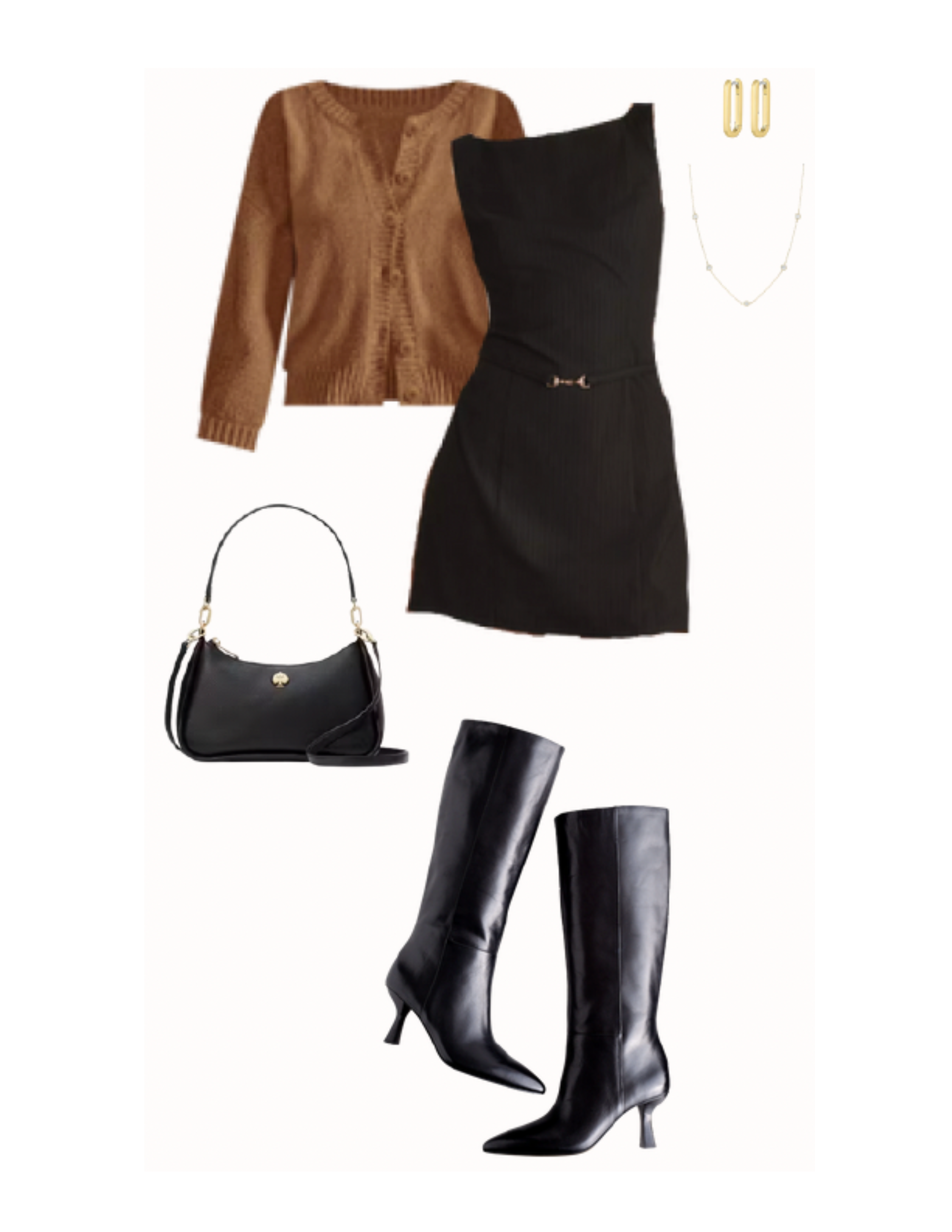 Fashion ensemble featuring a brown knit cardigan, a black fitted pinstripe dress with a thin belt, black knee-high leather boots with stiletto heels, a black handbag with a gold spade emblem, gold hoop earrings, and a layered necklace.