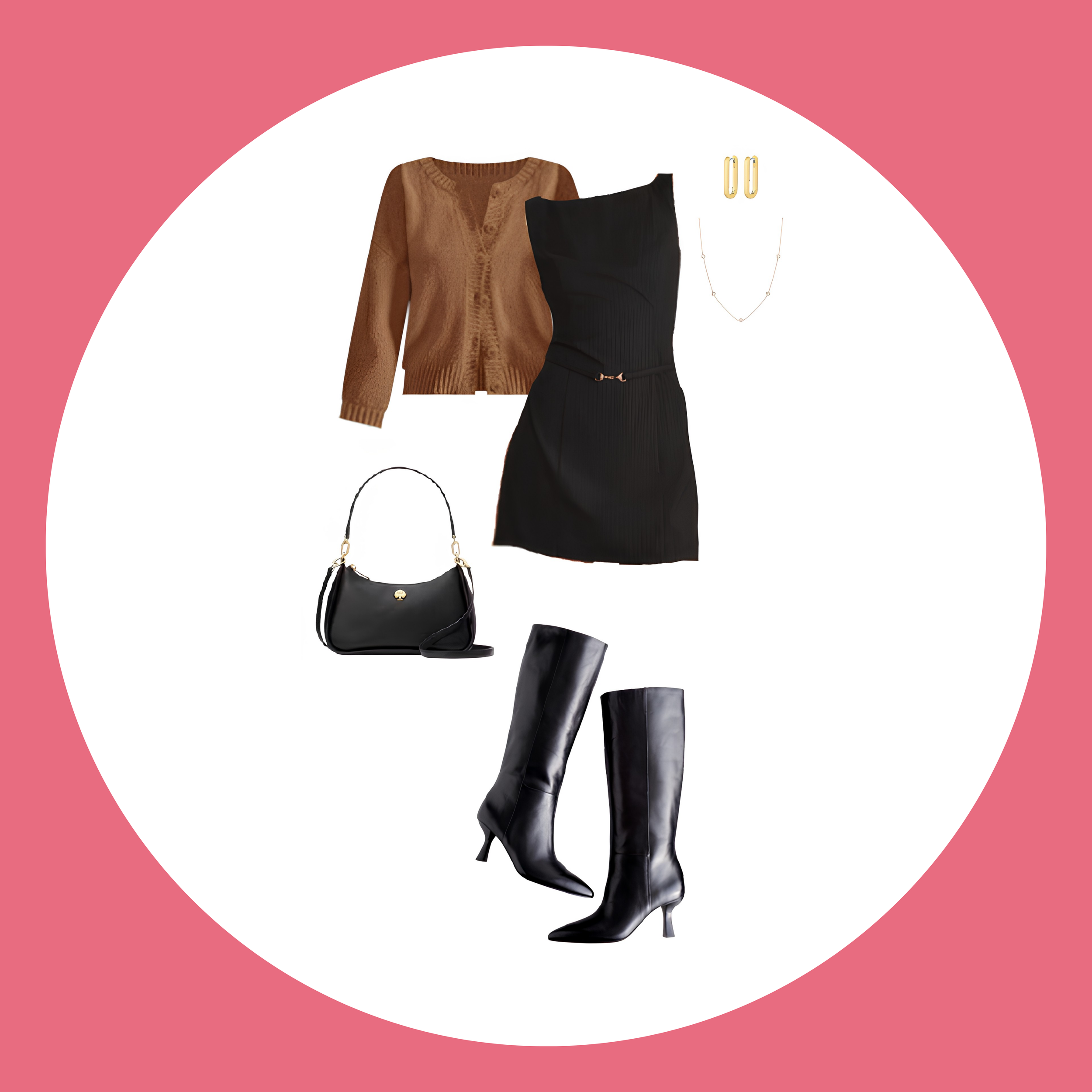 Fashion outfit including a brown knitted sweater, black skirt, black thigh-high boots with heels, a black handbag, gold earrings, a delicate gold necklace, and a gold hair clip, arranged against a pink and white background.