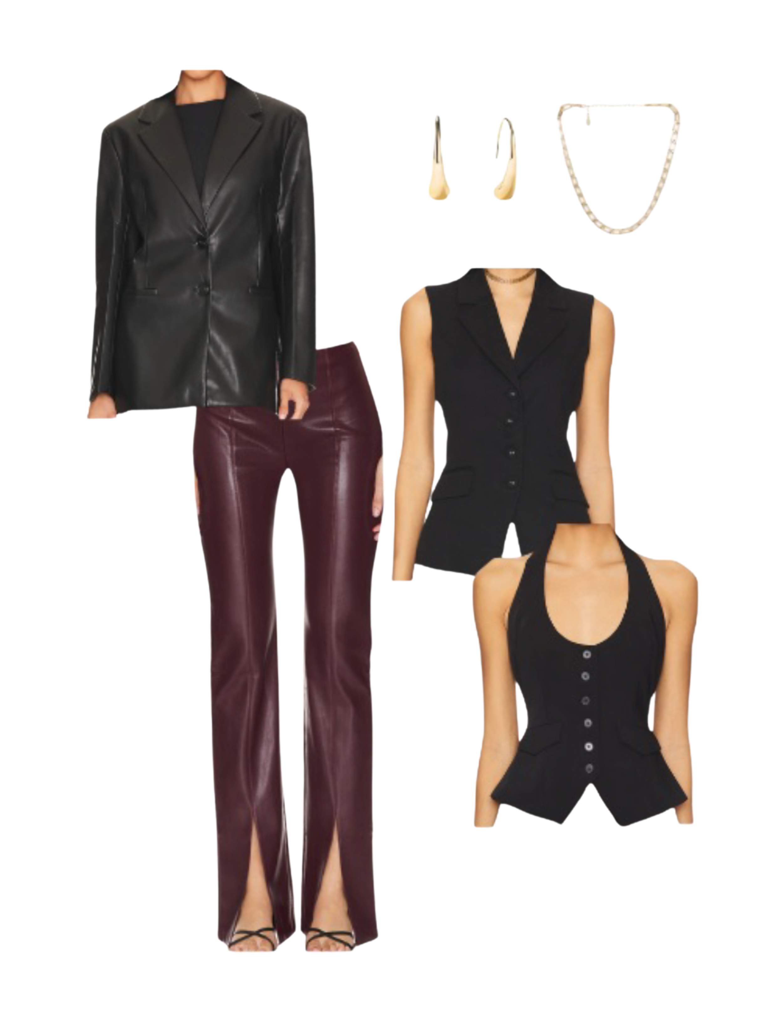 Image of various women's clothing and accessories, including a black blazer with a black top underneath, burgundy leather pants, a sleeveless black vest with buttons, a pair of beige dangle earrings, a gold necklace, and a black halter top.