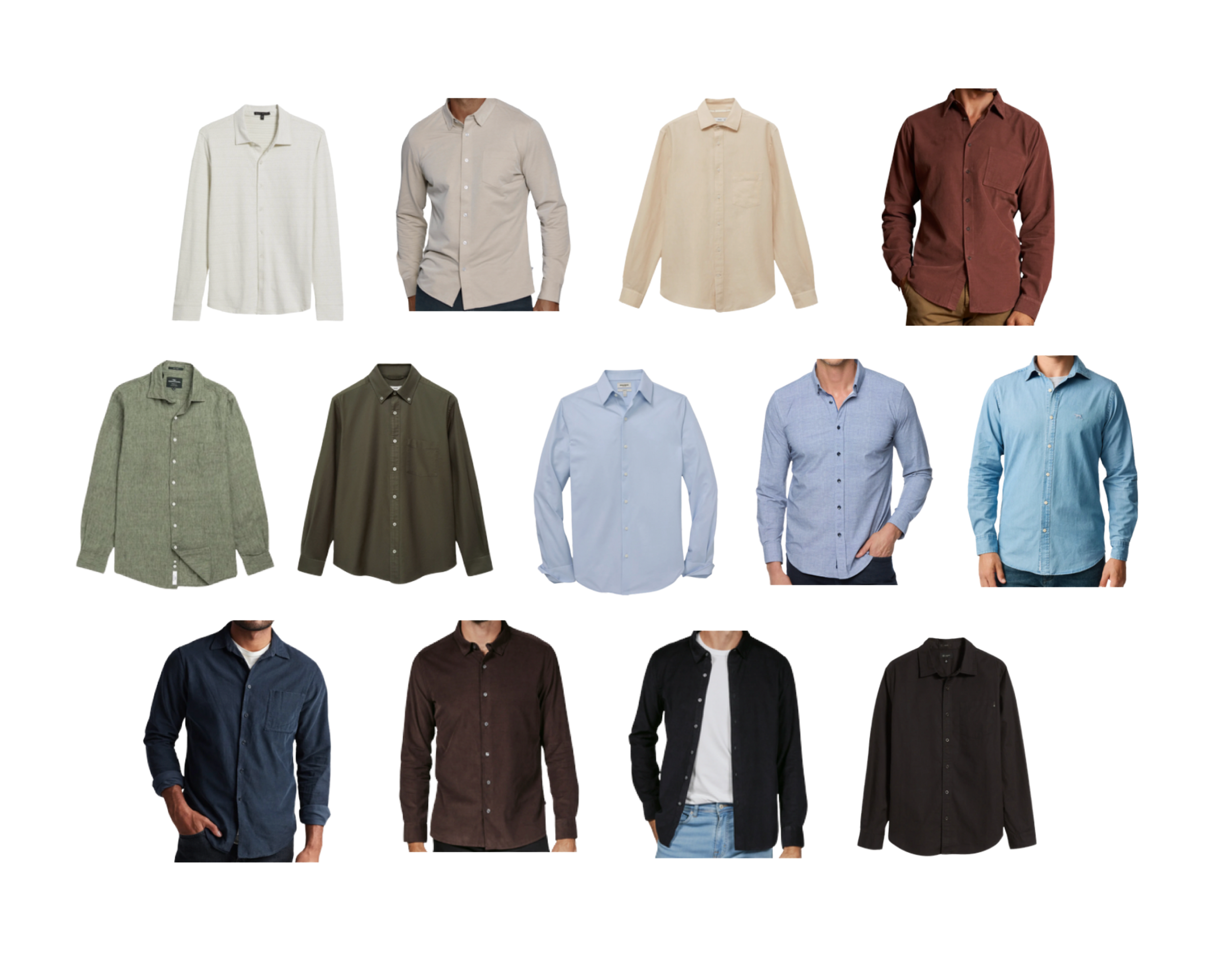 Collection of men's button-up shirts in various colors and styles.