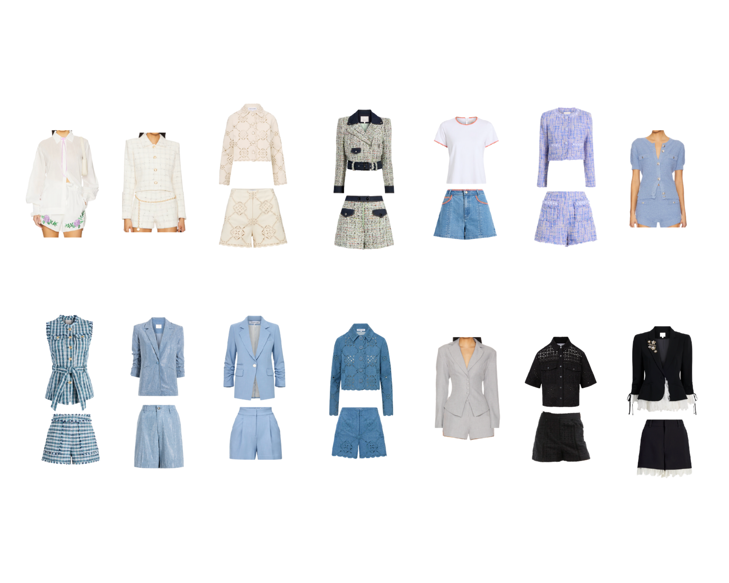 A collection of women's clothing including dresses, skirts, jackets, and tops in various styles and colors, arranged in a grid on a white background.