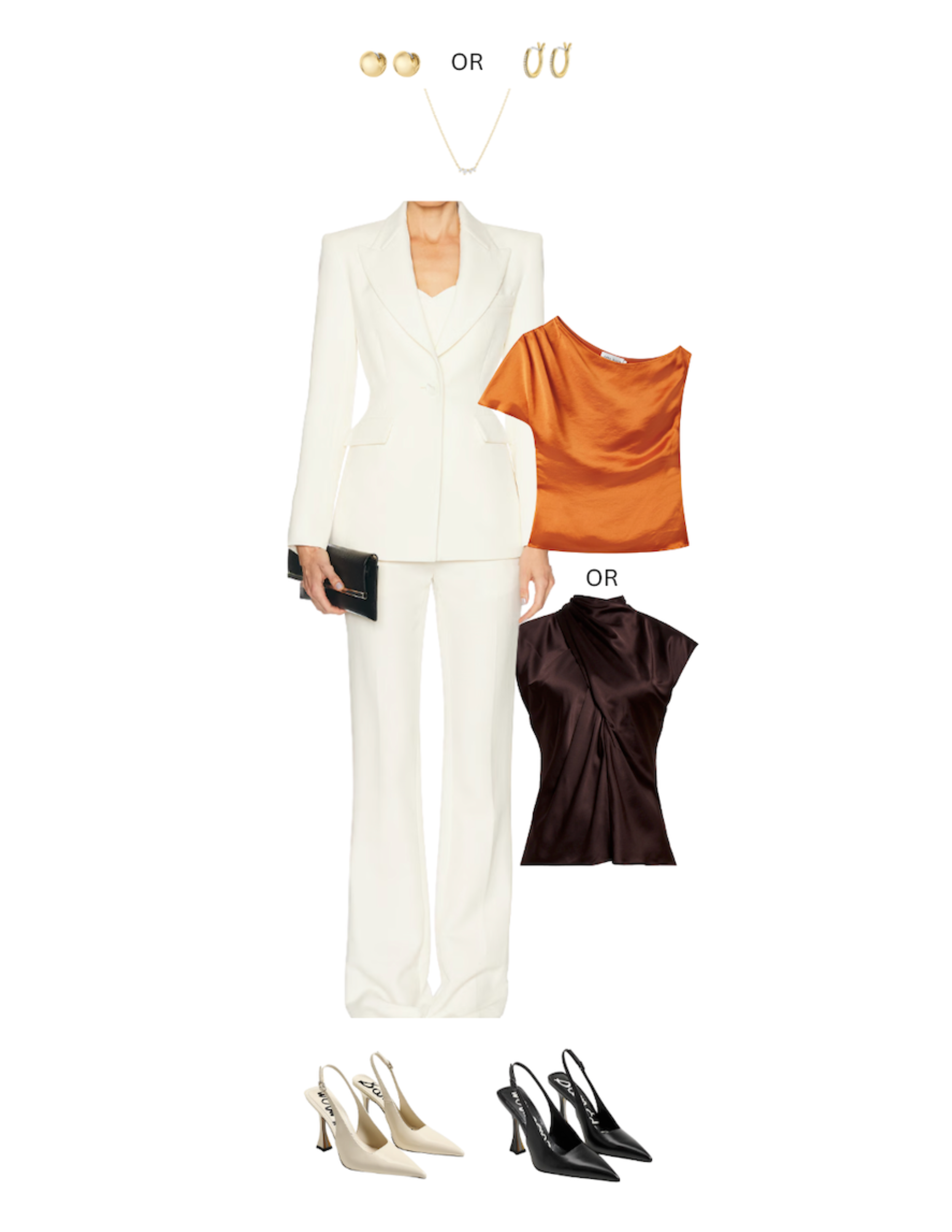 Two pairs of earrings or necklaces at the top, one pair with round disc design and the other with hoop design, followed by a white blazer and matching trousers, an orange satin blouse, four pairs of high-heeled shoes (beige, black, white, and black) at the bottom.