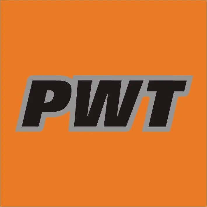 Bold black letters spelling 'PWT' on an orange background with a gray shadow effect.