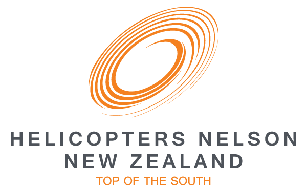 Logo for Helicopters Nelson New Zealand with an orange stylized helicopter rotor and text
