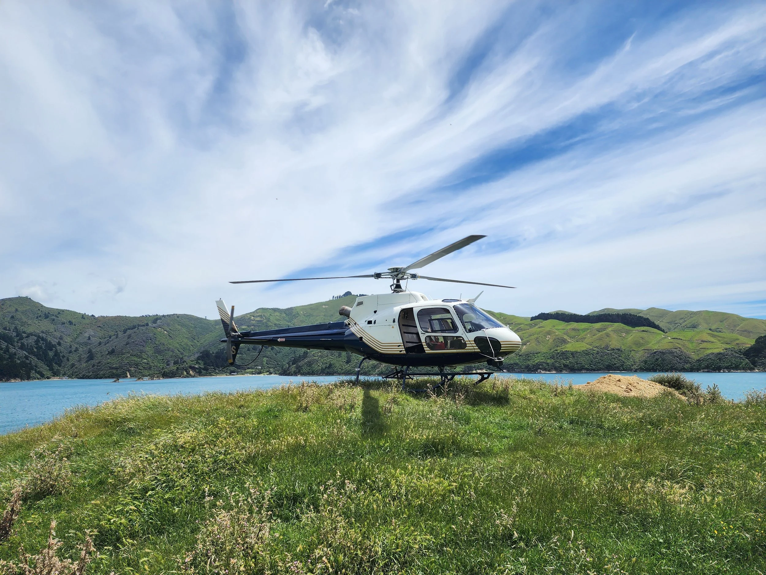 A helicopter parked on a grassy area near a lake with green hills in the background and a blue sky with wispy clouds.