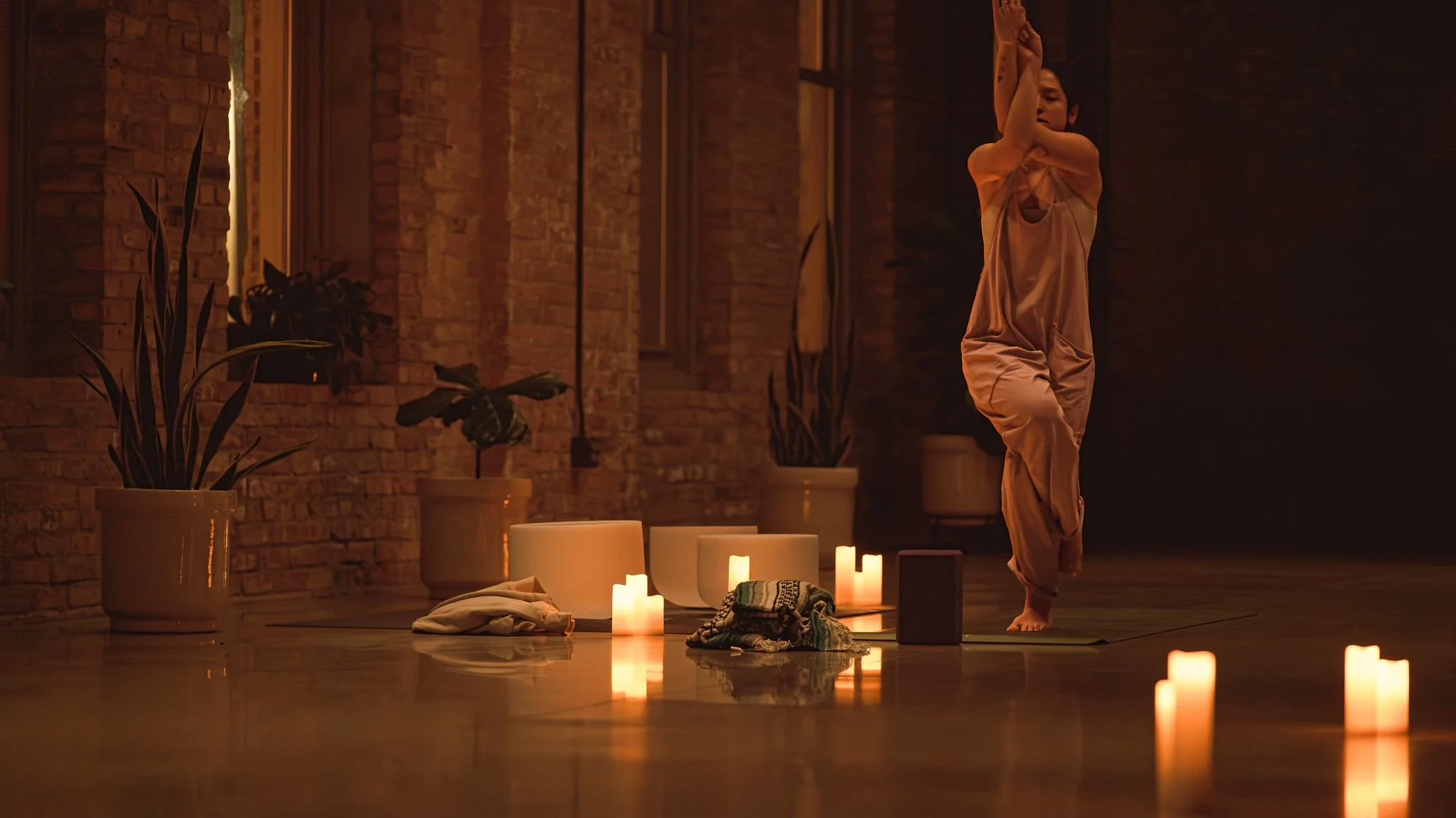 A woman practicing yoga indoors at night, surrounded by lit candles and potted plants, with brick walls and wooden floors.