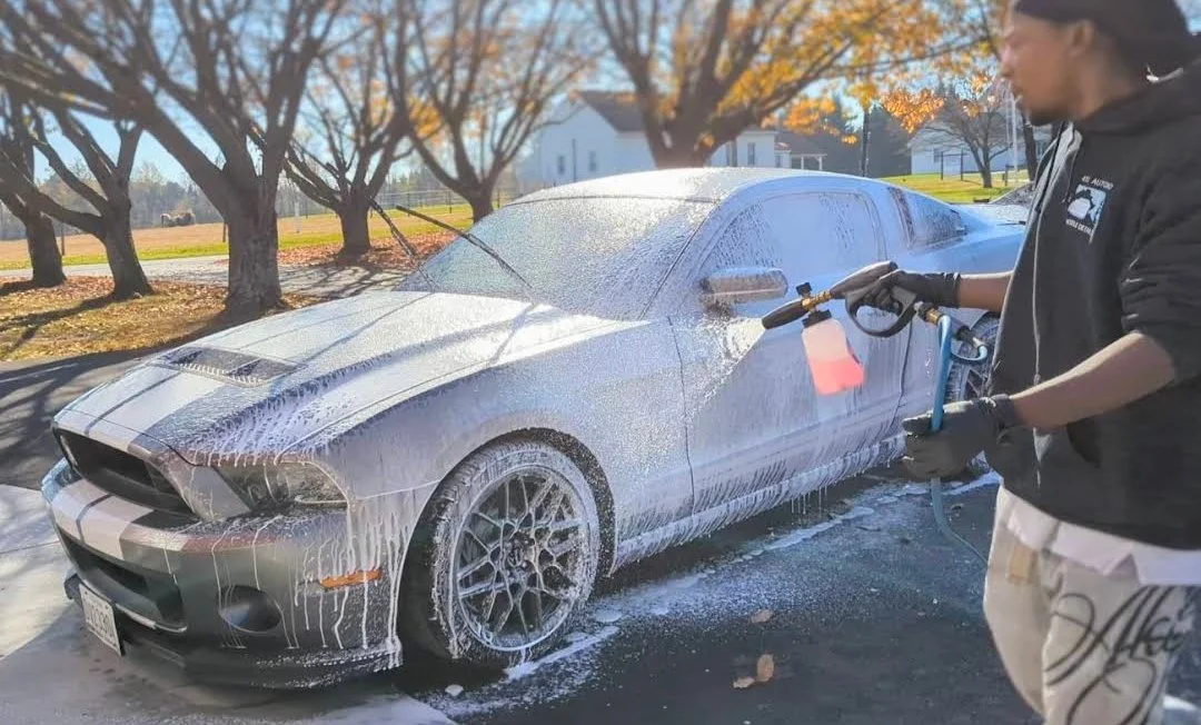 Premium exterior detailing and gloss enhancement on a silver Ford Mustang in Bel Air, MD. We specialize in sports car paint correction and protective coatings.
