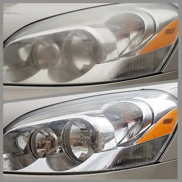 Professional mobile detailing in Maryland - before and after comparison of a headlight restoration showing clear vs. oxidized lenses.