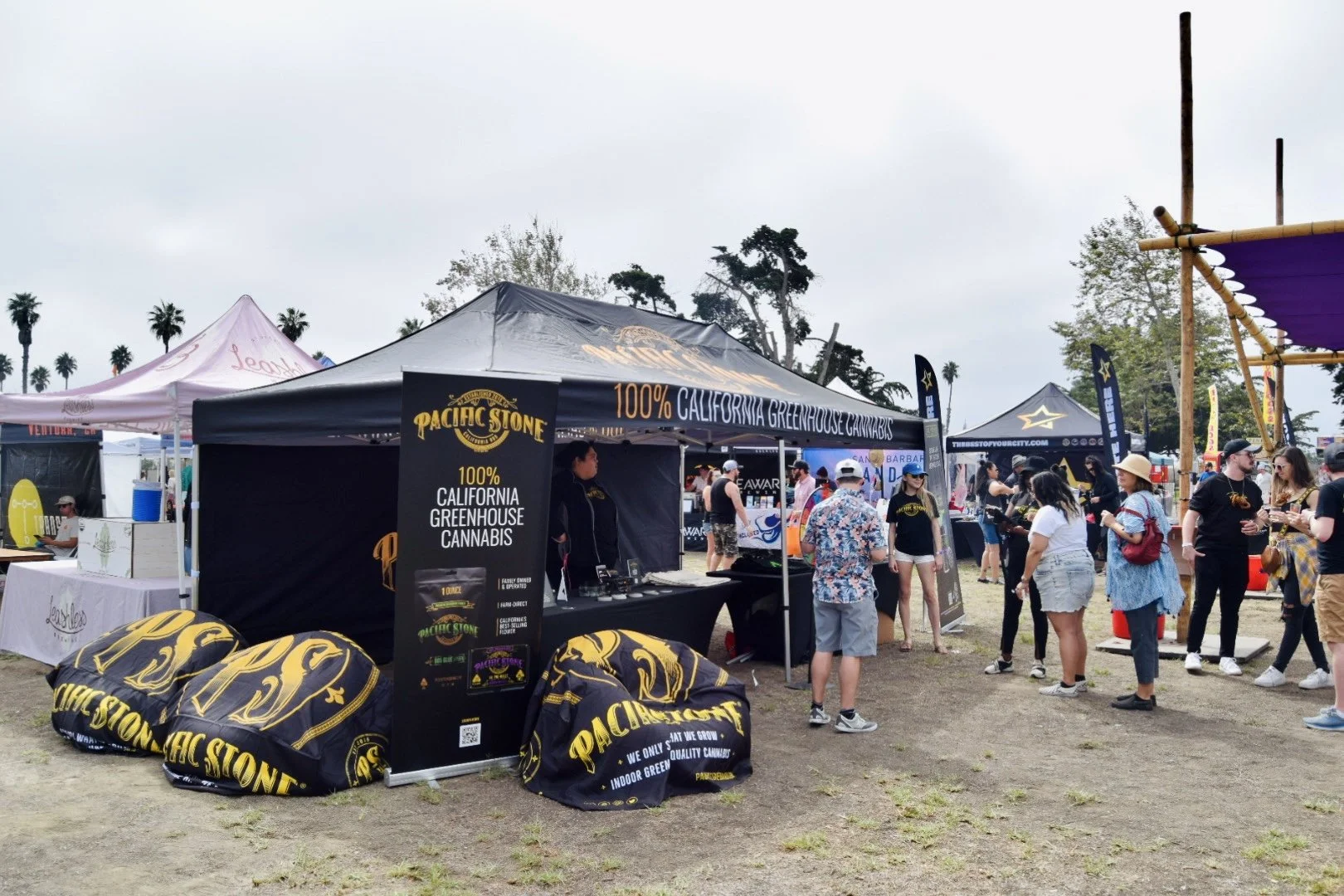 Outdoor festival scene with tents, including a black tent for Pacific Stone cannabis, where people are gathered and browsing.