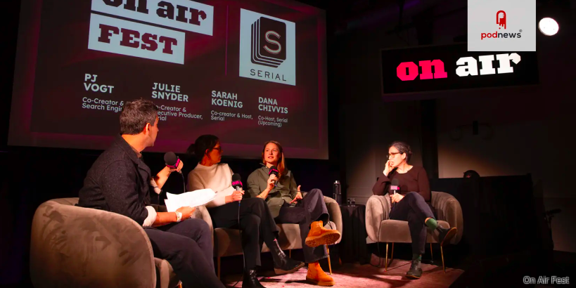Four women are sitting on stage in conversation at a panel discussion during a podcast or radio event called 'On Air Fest,' with a large screen behind them displaying the event logo and names of panelists.