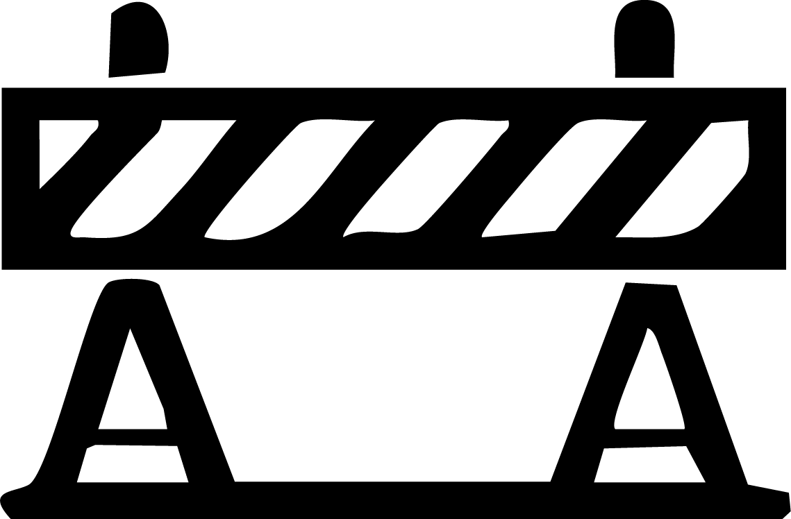 Silhouette of a construction barrier with striped pattern, supported by two A-frame stands.