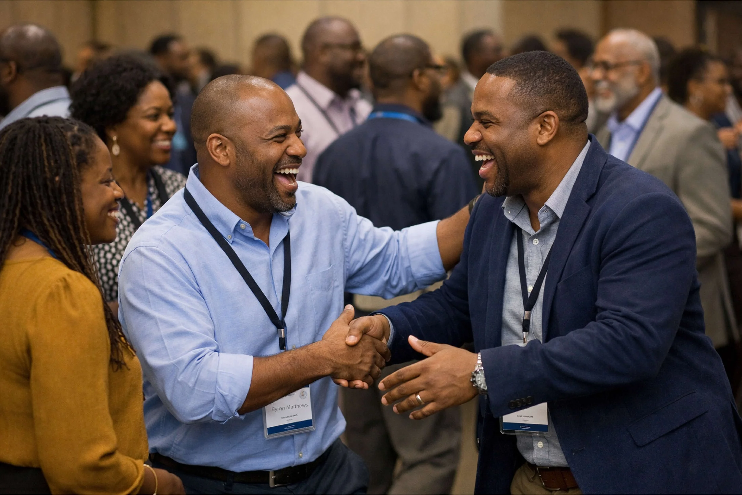 Two African American men shaking hands and laughing at a conference. An African American woman, also smiling, stands nearby. Several other people are in the background at a conference event.