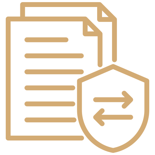 Icon representing document transfer or data sharing with papers and a shield with arrows indicating connection or security.