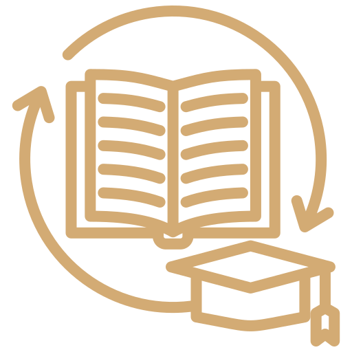 An open book with a circular arrow around it, and a smaller closed book with a bookmark in front.