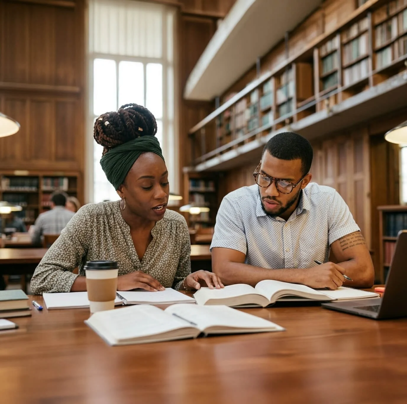 African American woman with a green headwrap and a man with glasses studying together at a wooden table in a library.