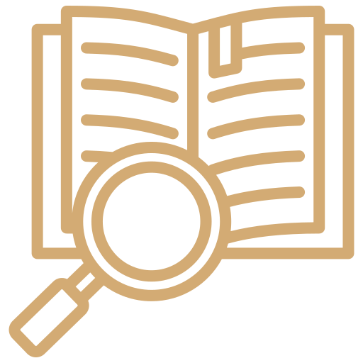 An open book with a magnifying glass in front of it.