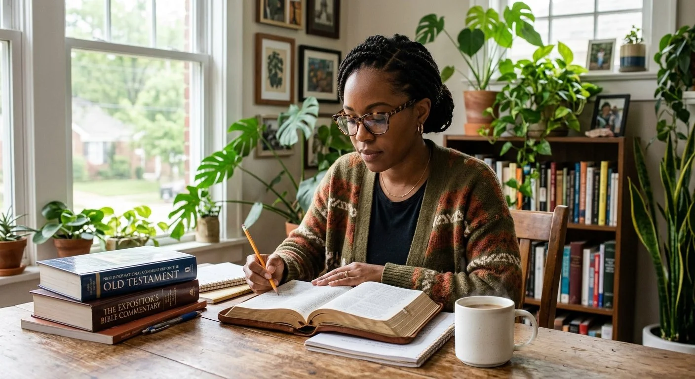 African American woman with glasses and braided hair studying at a wooden table with open books and a cup of coffee, surrounded by plants and framed pictures.