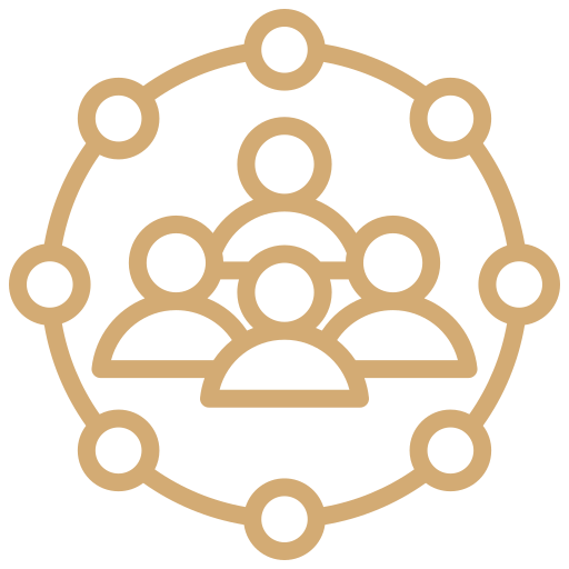 Outline icon of a group of people surrounded by a circular network or connection lines.
