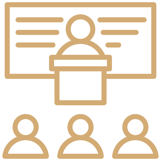 Icon of a person at a podium giving a presentation to three audience members.