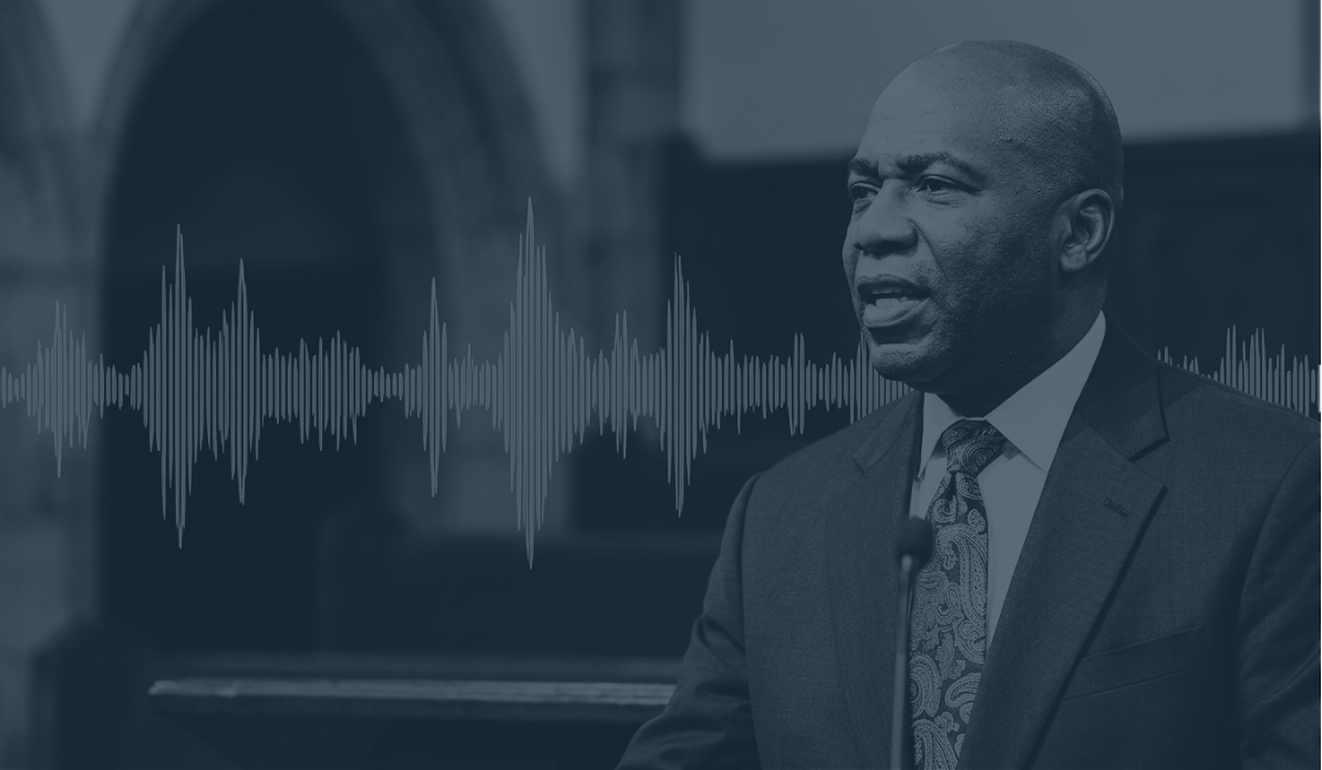 African American preacher speaking at a court or formal setting, with a sound wave overlay.