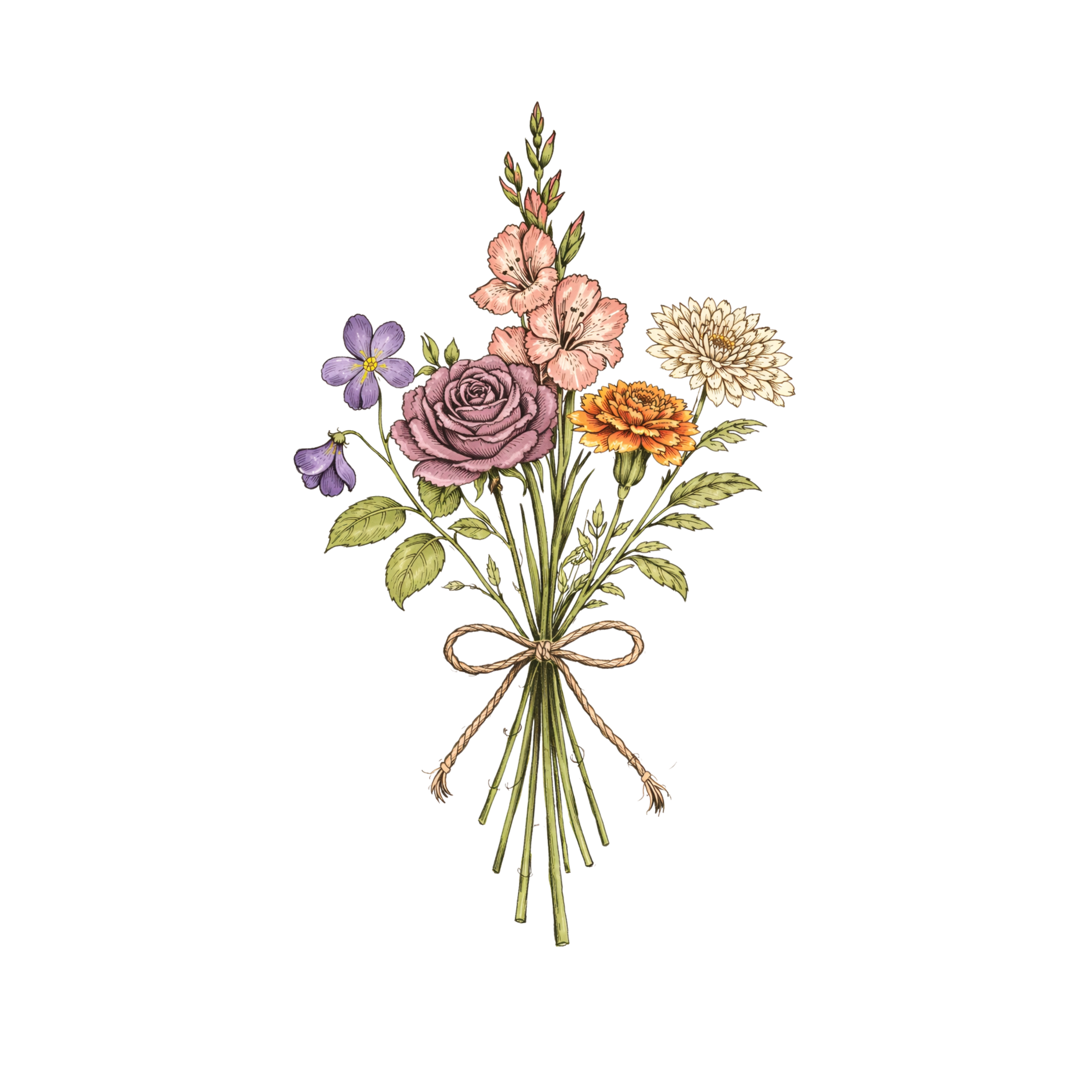 A bouquet of various flowers including roses, carnations, and other flowers tied with a piece of string.
