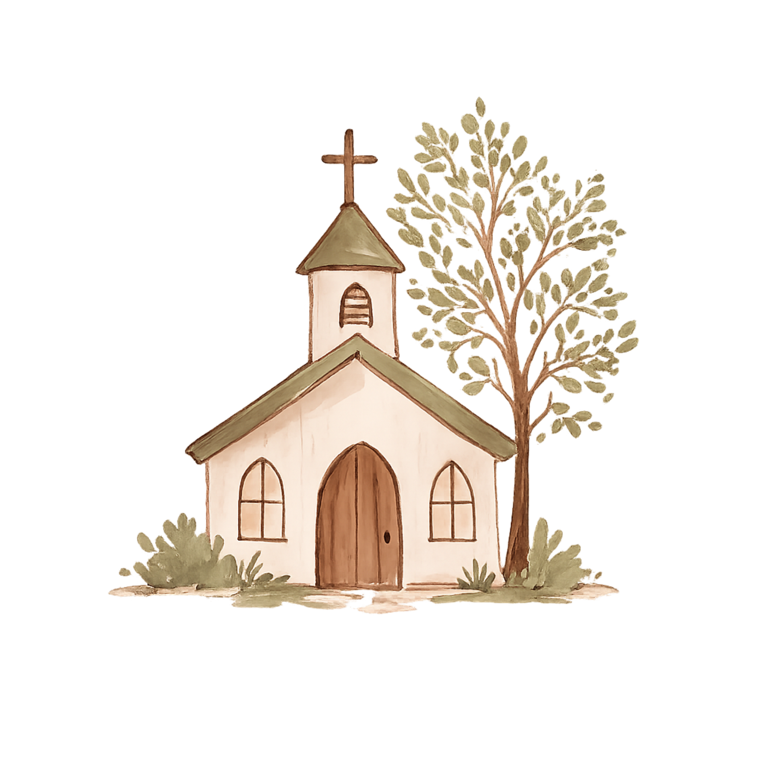 A hand-painted illustration of a church with a steeple, surrounded by trees and bushes, against a black background.