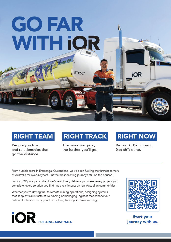 A promotional poster for IOR featuring a fuel tanker truck with a colorful design, a man in work attire standing in front, and text promoting teamwork, progress, and impact in Australian logistics.