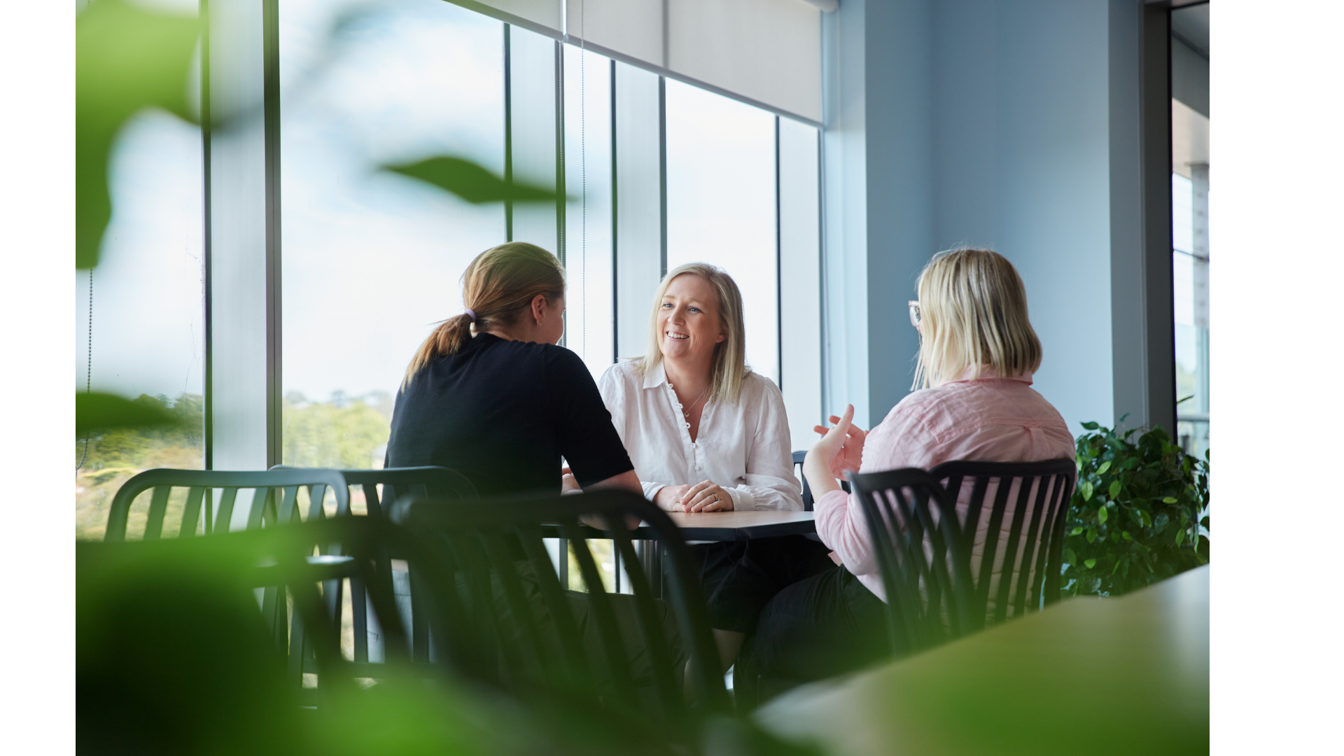 Three women having a conversation in a modern office with large windows and green plants.