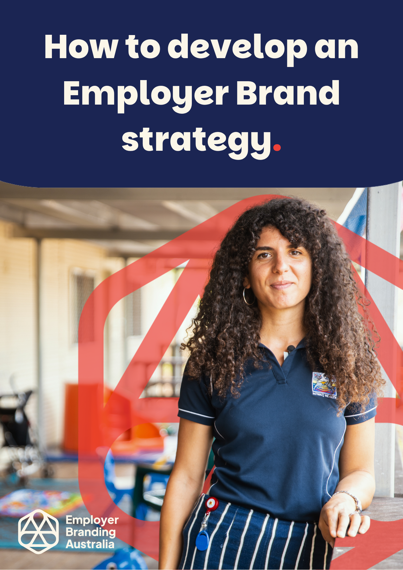 A young woman with curly hair wearing a navy blue polo shirt with a logo, striped skirt, and a retractable badge holder, stands in front of a blue and red branded backdrop at an event with the Employer Branding Australia logo.