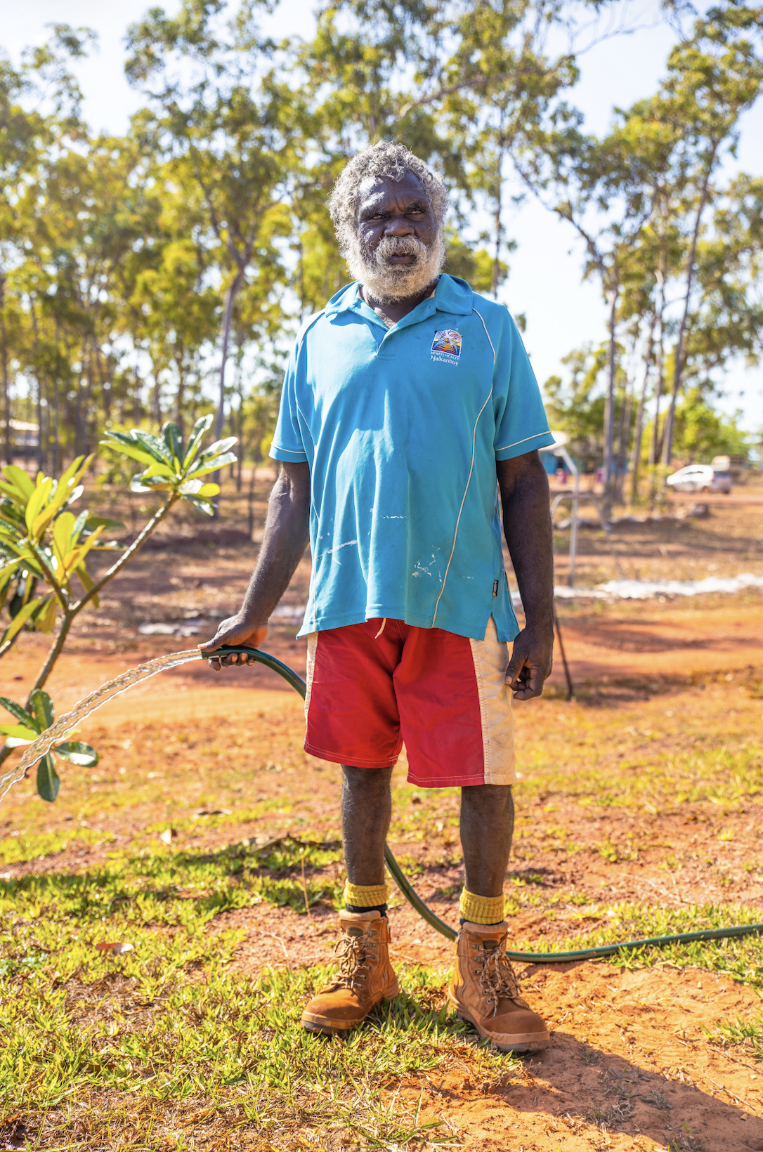 An elderly man with gray hair and beard wearing a blue polo shirt, red shorts, yellow socks, and brown boots, holding a garden hose. He is watering plants outdoors on a sunny day with trees and a dirt ground in the background.