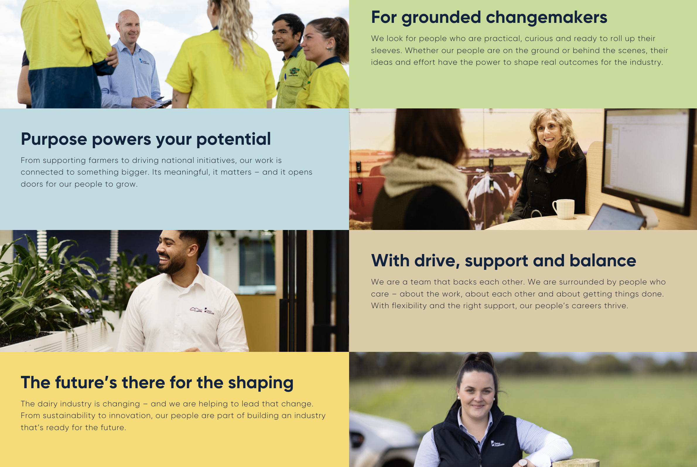 Group of people in yellow and blue work uniforms talking outdoors, possibly at a worksite or event.