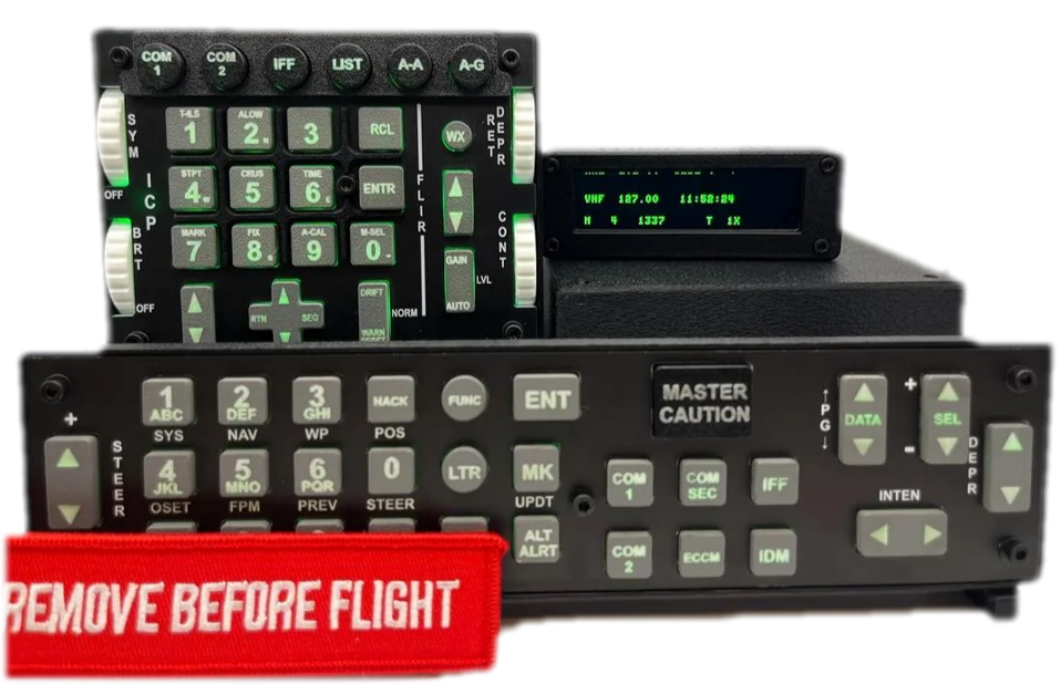 An aircraft avionics installation showing multiple cockpit control panels, including a GPS unit, communication radios, and control systems with various buttons, switches, and displays.