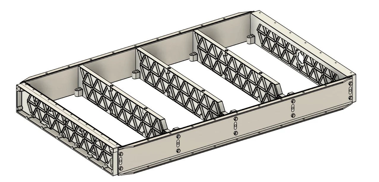 A technical illustration of a rectangular metal frame with internal cross-bracing and multiple support structures.