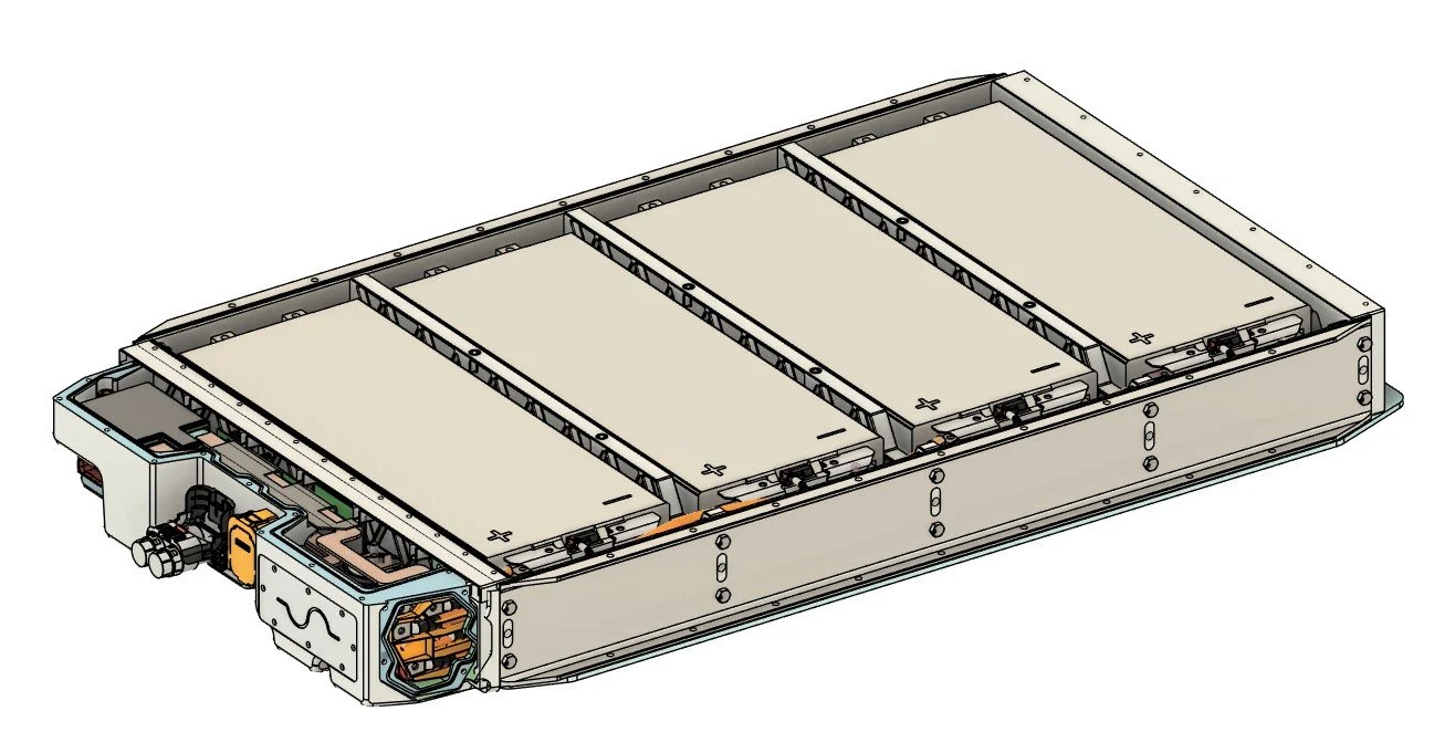 3D rendering of a battery pack with four modules inside a metallic casing for an electric vehicle.