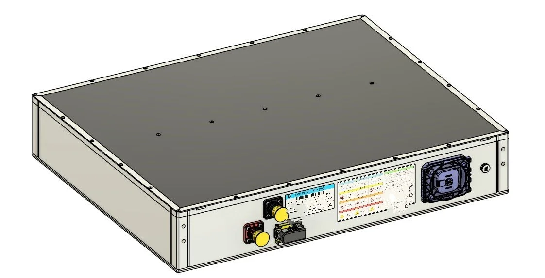 A rectangular metal electronic device with multiple labels, knobs, and fans on its front panel.