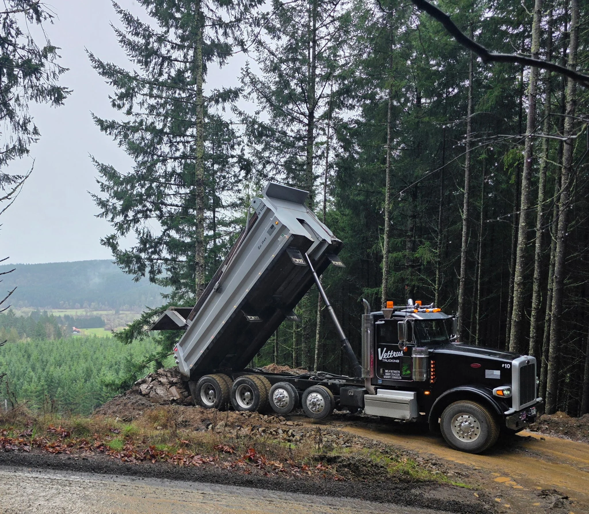 A black truck with a tipping bed is unloading dirt or gravel onto a forested area. The truck is on a dirt path with trees and a distant view of a valley or countryside in the background.