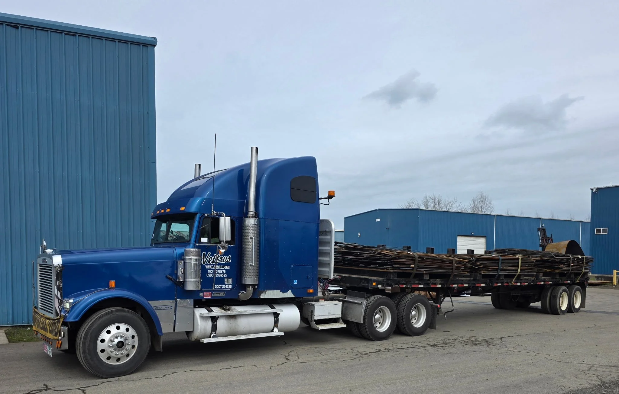 A blue semi-truck parked in front of blue industrial buildings, with a load of metal pipes on the trailer.