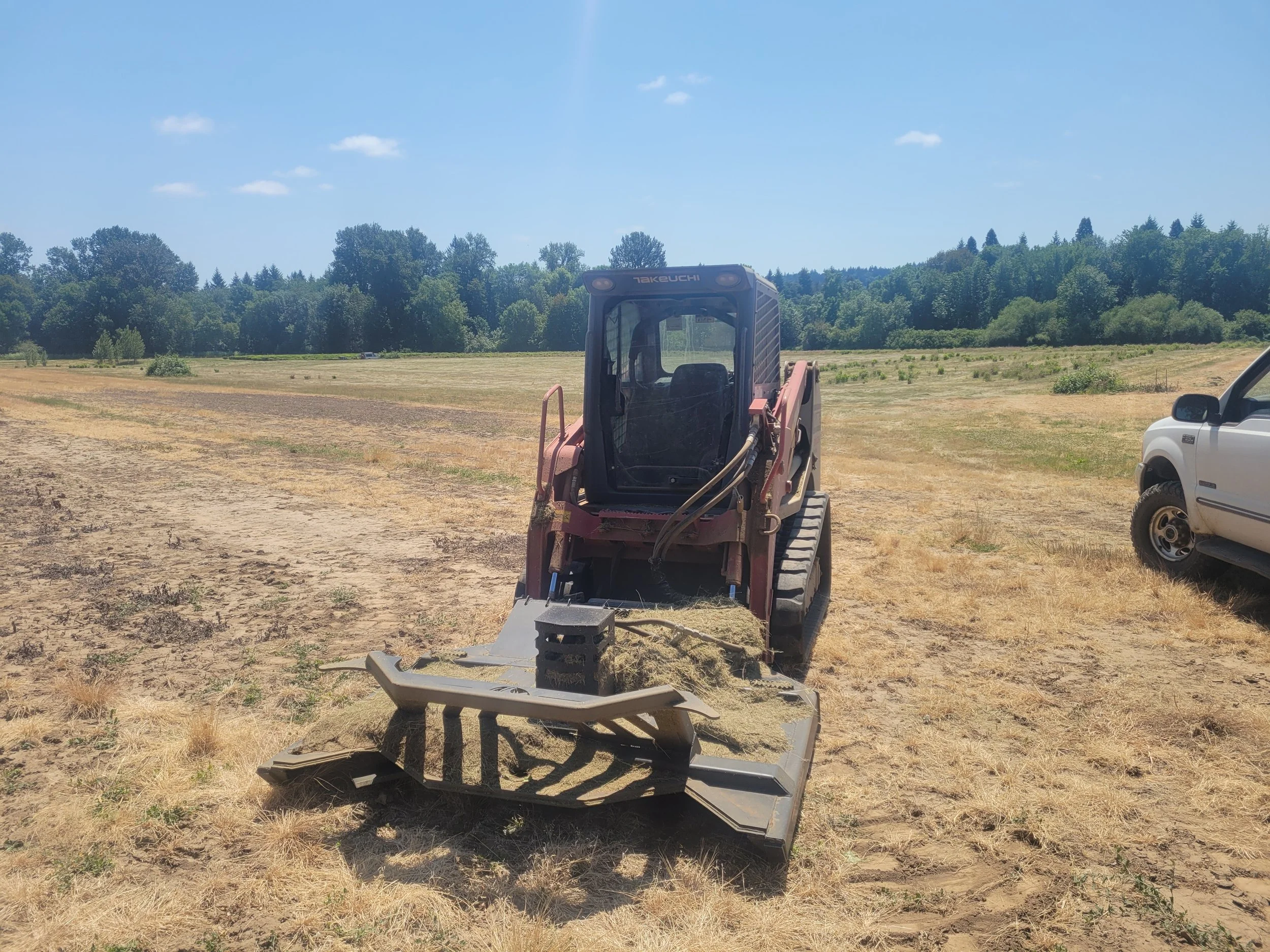 A construction site with a small excavator, a white pickup truck, and a cut patch of land with some plants. Corvallis Oregon