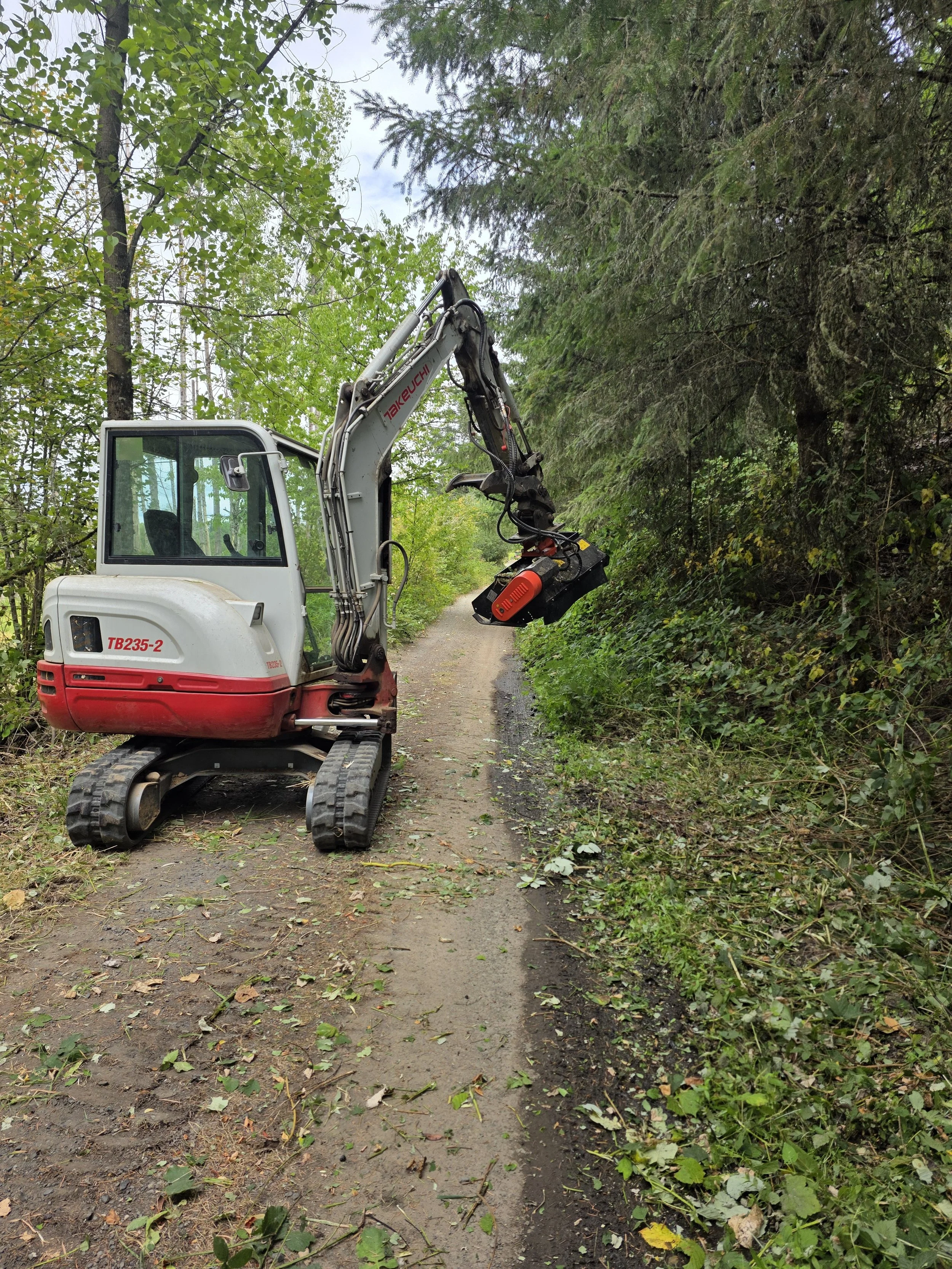 Brush clearing a road with a mini excavator in Turner Oregon