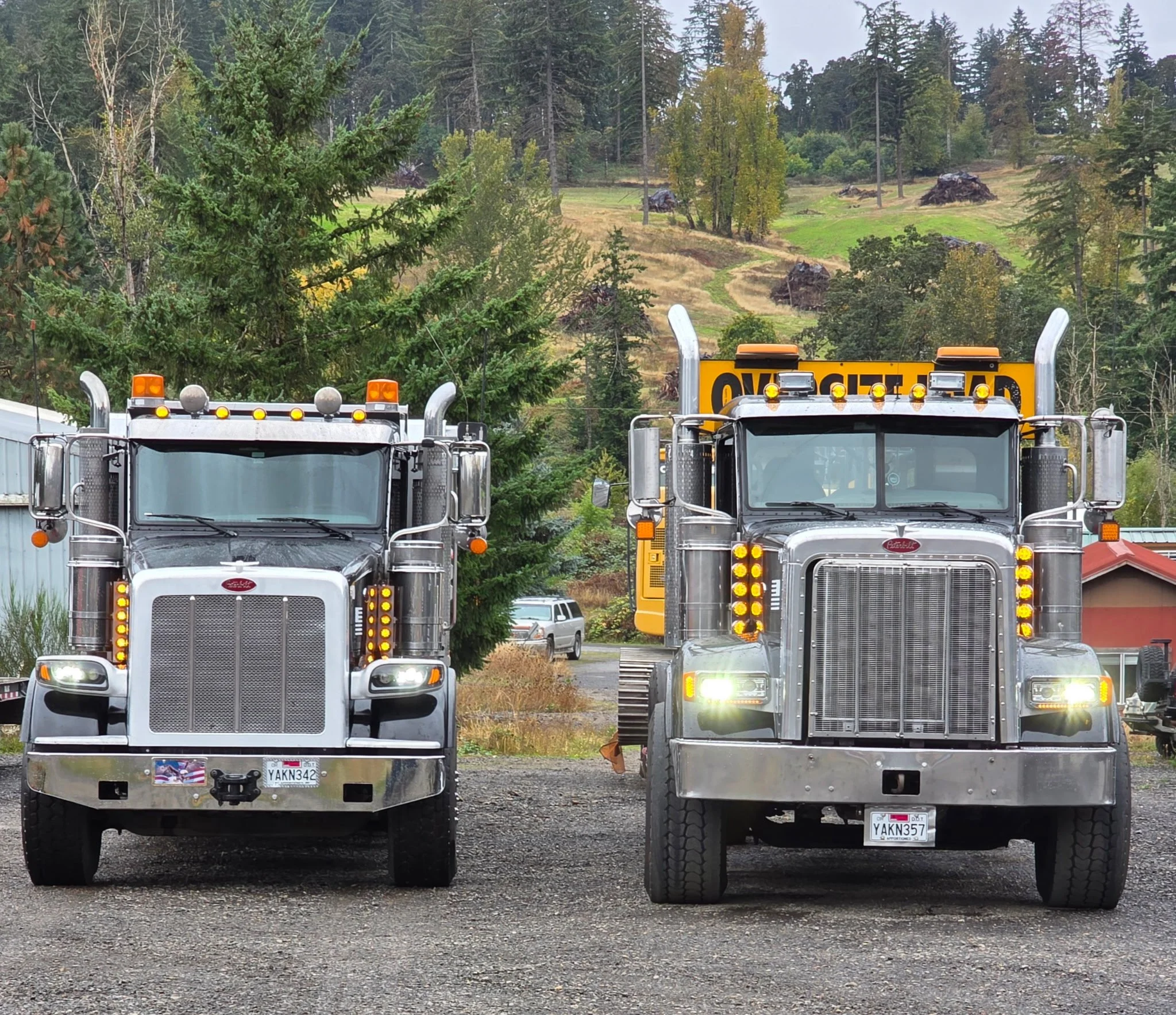 Two large semi-trucks with chrome detailing and yellow warning lights are parked on a gravel lot. Behind them, there are trees and a hillside with a mix of lush green and dry grass.