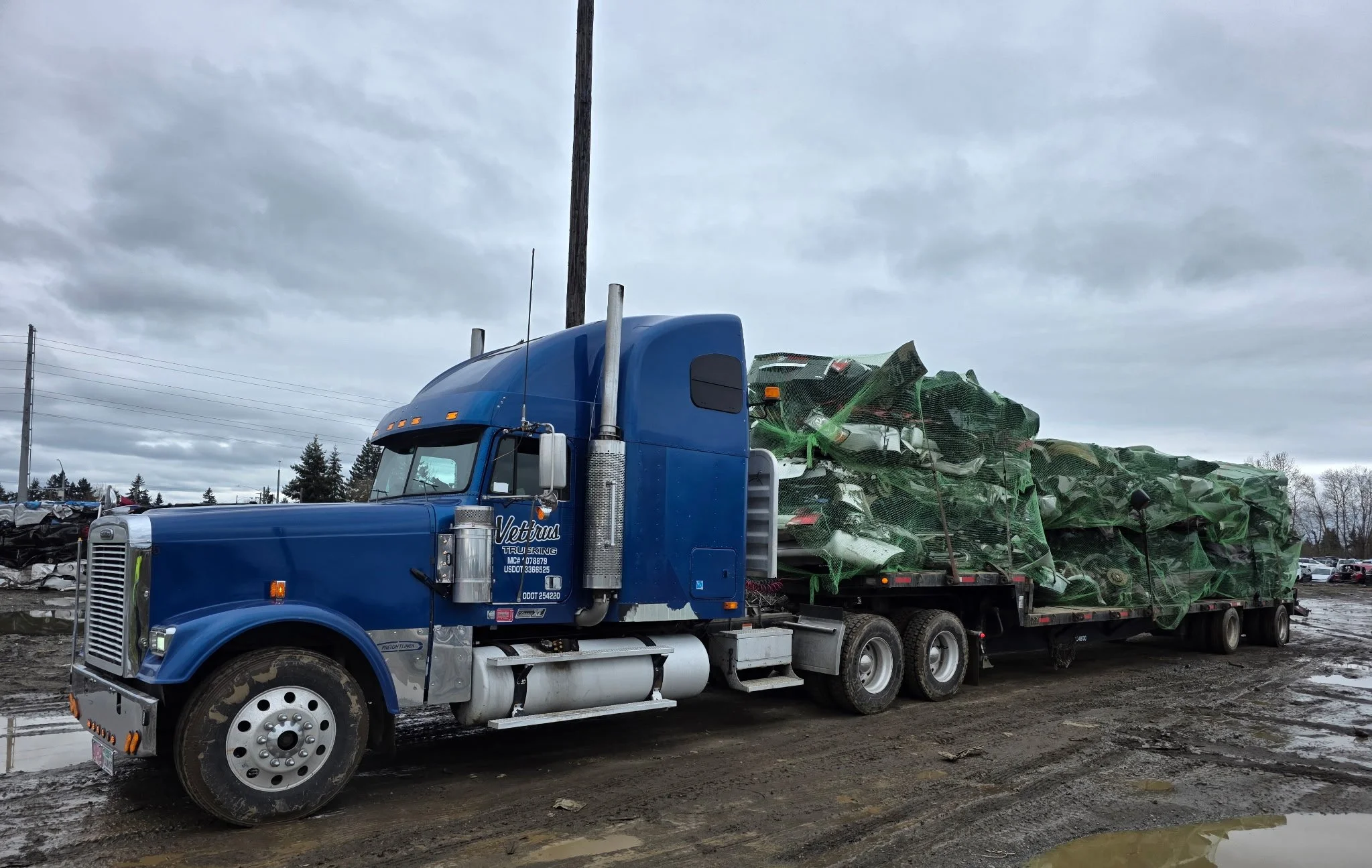 A blue semi-truck carrying a load of large green machines covered with a green tarp on a cloudy day.