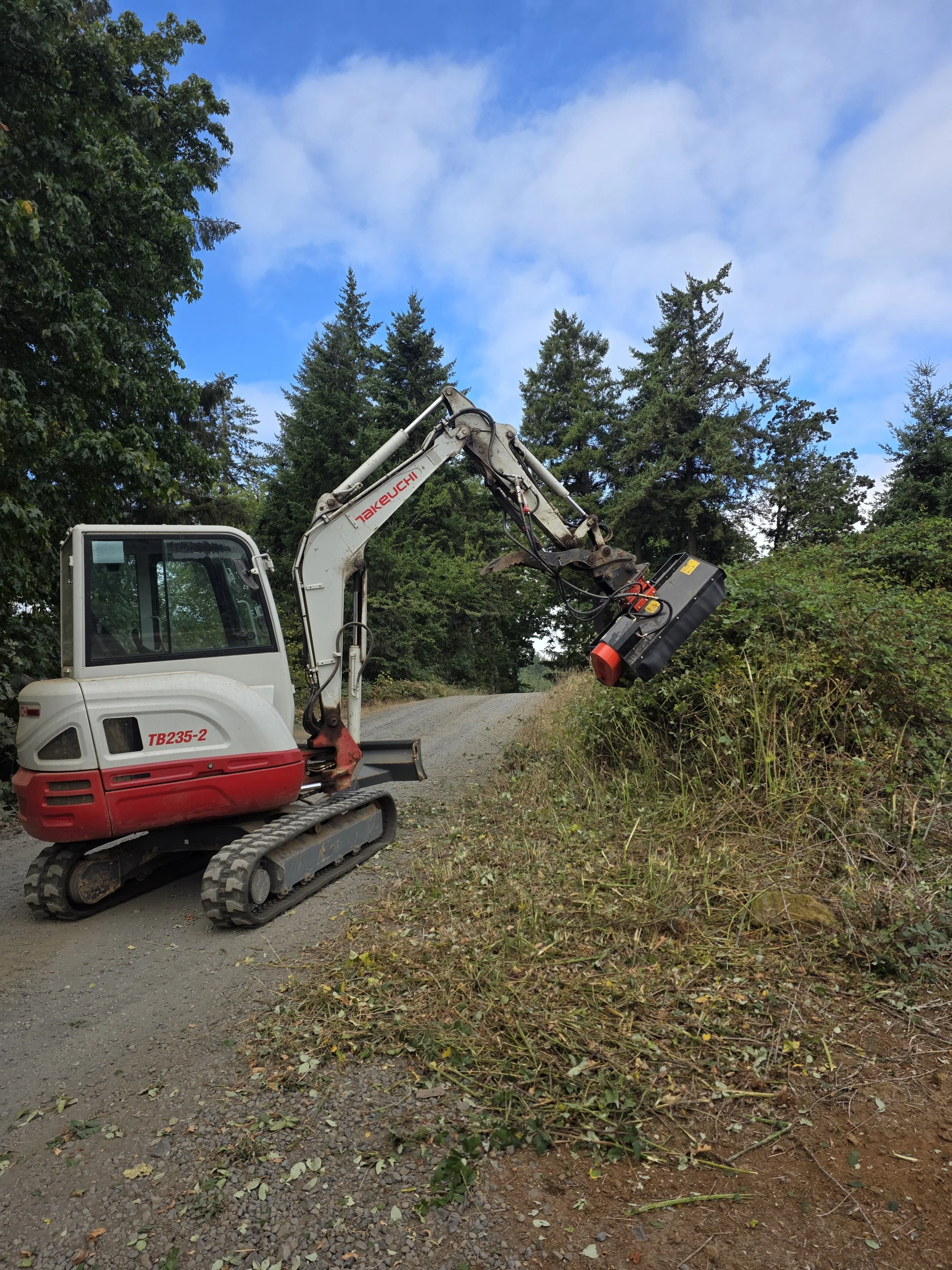 Excavator mowing brush on the side of the road in Turner Oregon.