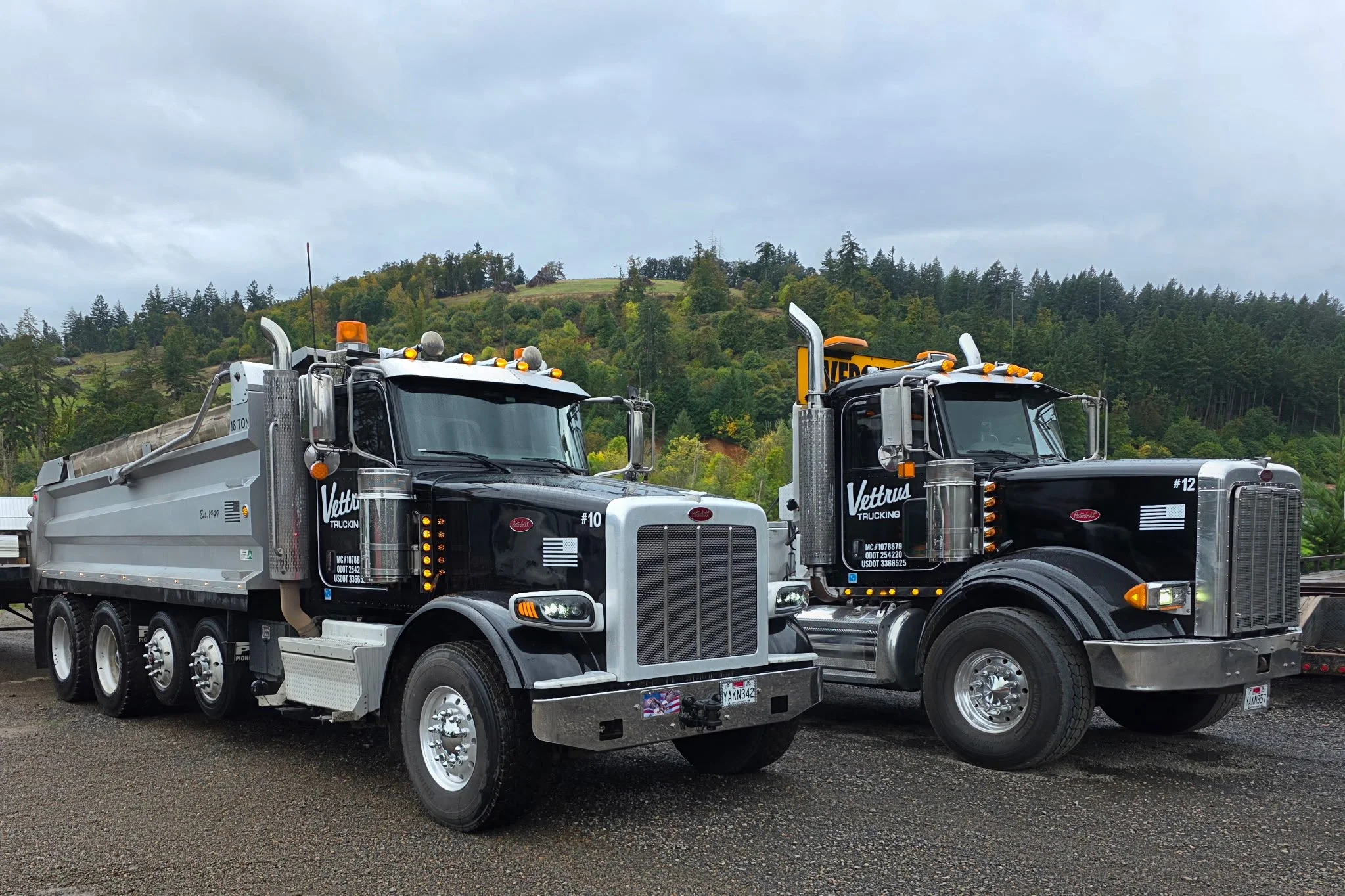 Two large black and silver Peterbilt semi-trucks parked side by side on a wet parking lot, with green hills and trees in the background under a cloudy sky.