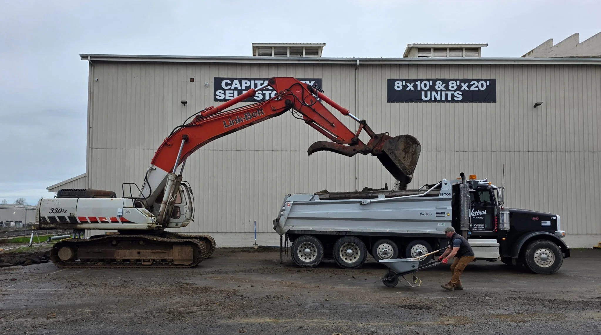 Construction scene with an orange excavator loading dirt into a white dump truck, and a man with a wheelbarrow nearby.