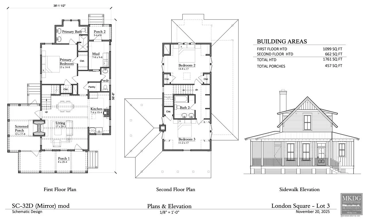 Architectural blueprint of a two-story house showing the first and second floor plans along with a side elevation view of the house. The first floor includes a porch, living room, kitchen, primary bedroom, primary bathroom, mudroom, pantry, powder room, and a secondary porch. The second floor features bedrooms 2 and 3, a shared bathroom, and closets.
